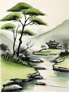 中国山水画在纸上，水墨意境，景深透视，极简，ar 3:4，风格化180，宏观镜头，绿色调