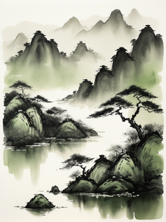 中国山水画在纸上，水墨意境，景深透视，极简，ar 3:4，风格化180，宏观镜头，绿色调，国风