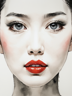 水墨简笔画，人物画像，国风，吴冠中，水墨素描，优雅女人，美丽的眼睛，长长的睫毛，红唇，随意的镜头，上身，毛笔笔触，流畅的线条，纯白的背景，极简，空灵的禅意，高清晰度