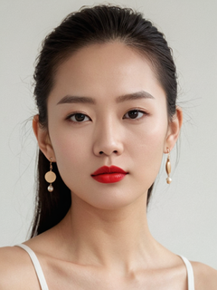 水墨简笔画，人物画像，国风，吴冠中，水墨素描，优雅女人，美丽的眼睛，长长的睫毛，红唇，随意的镜头，上身，毛笔笔触，流畅的线条，纯白的背景，极简，空灵的禅意，高清晰度