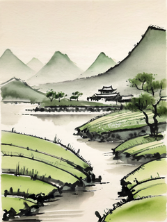 中国山水画在纸上，水墨意境，景深透视，极简，ar 3:4，风格化180，宏观镜头，绿色调