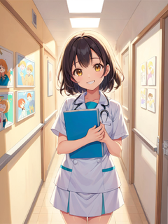 在图画书的stlye绘画插图中，一位开朗友好的医生，黑色头发，看着观看者，脸上露出灿烂的笑容，穿着亮白色的制服，她站在中间，手里拿着一个记事本，医院走廊背景，平坦的绘画，春日的阳光在一切事物上放射出温暖的光芒